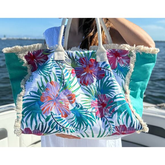 Beach Bag Tote, Ocean floral Beach Bags Pool Bag Shoulder Travel Tote - Picture 3 of 9